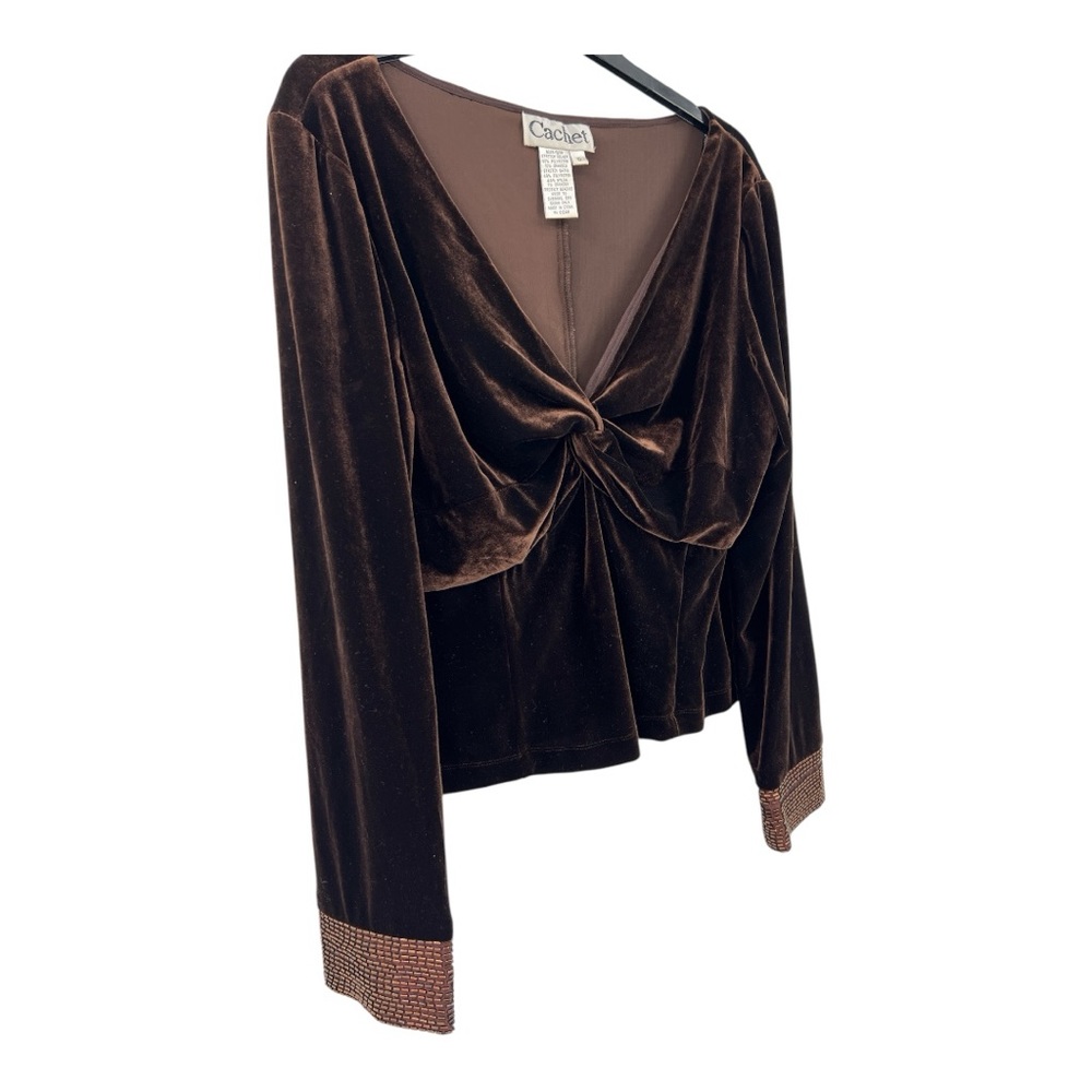 Cache Velvet Brown Babydoll Beaded Sleeves Cropped Pullover Top Sz 10
